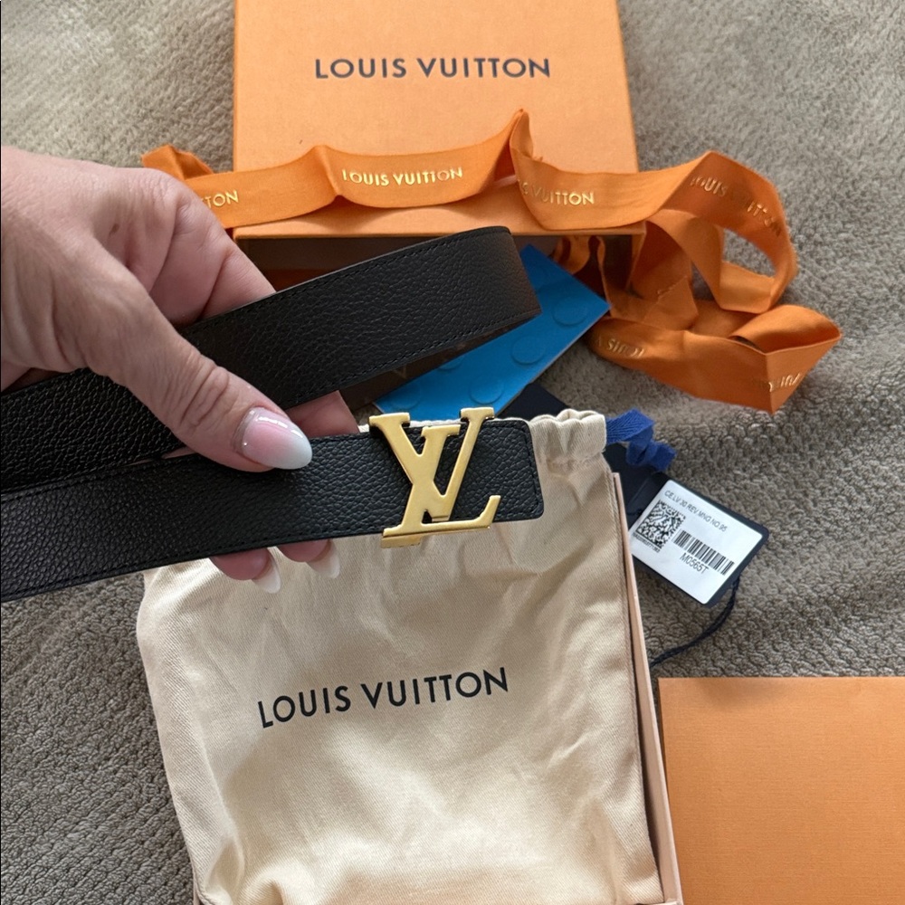 Louis Vuitton Reversible Black/LV Monogram Leather Belt with Gold Logo